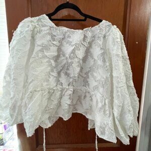 White Free People Jacquard Bubble Sleeve Cropped Blouse Medium, Tied Back